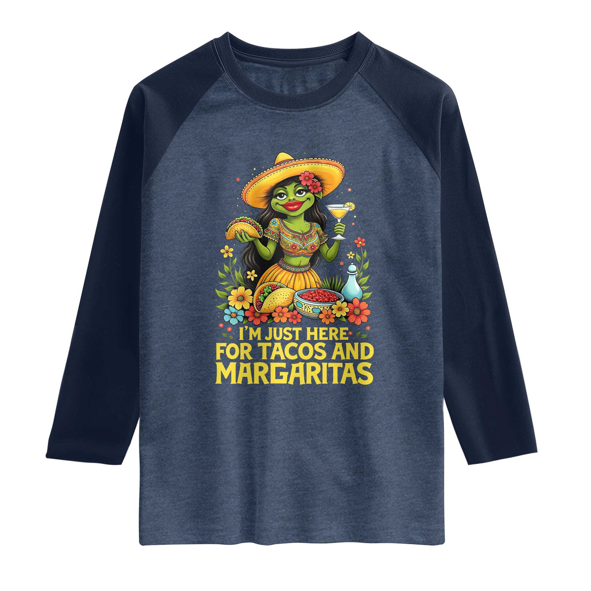 Funny Cinco De Mayo Frog Raglan Shirt Just Here For Tacos And Margaritas TS12 Heather Denim Navy Print Your Wear