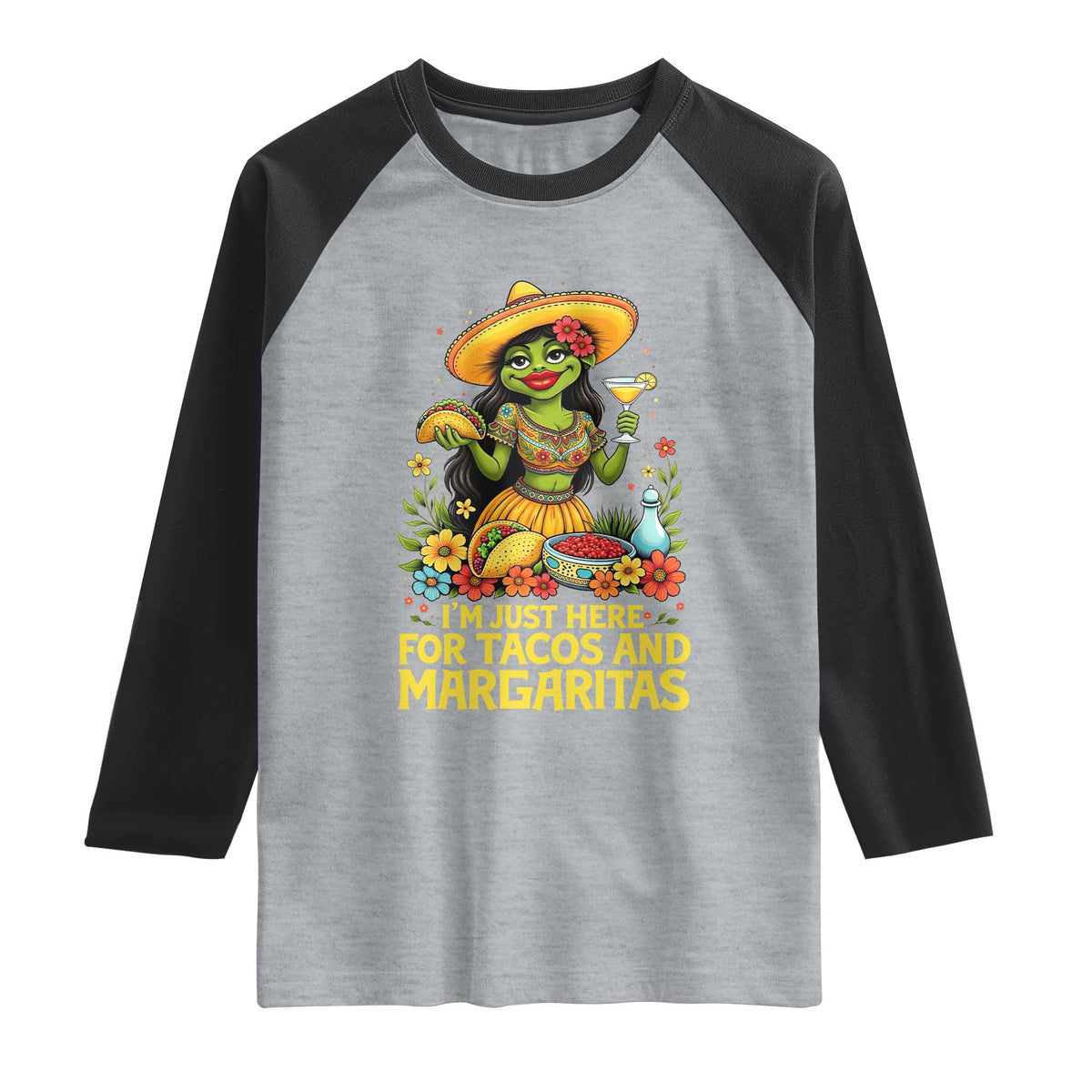 Funny Cinco De Mayo Frog Raglan Shirt Just Here For Tacos And Margaritas TS12 Heather Gray Black Print Your Wear