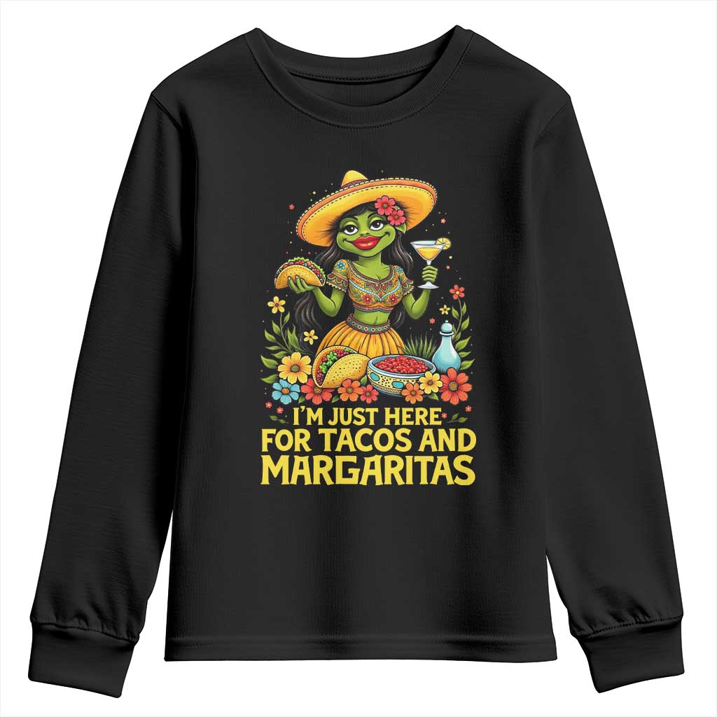 Funny Cinco De Mayo Frog Youth Sweatshirt Just Here For Tacos And Margaritas TS12 Black Print Your Wear
