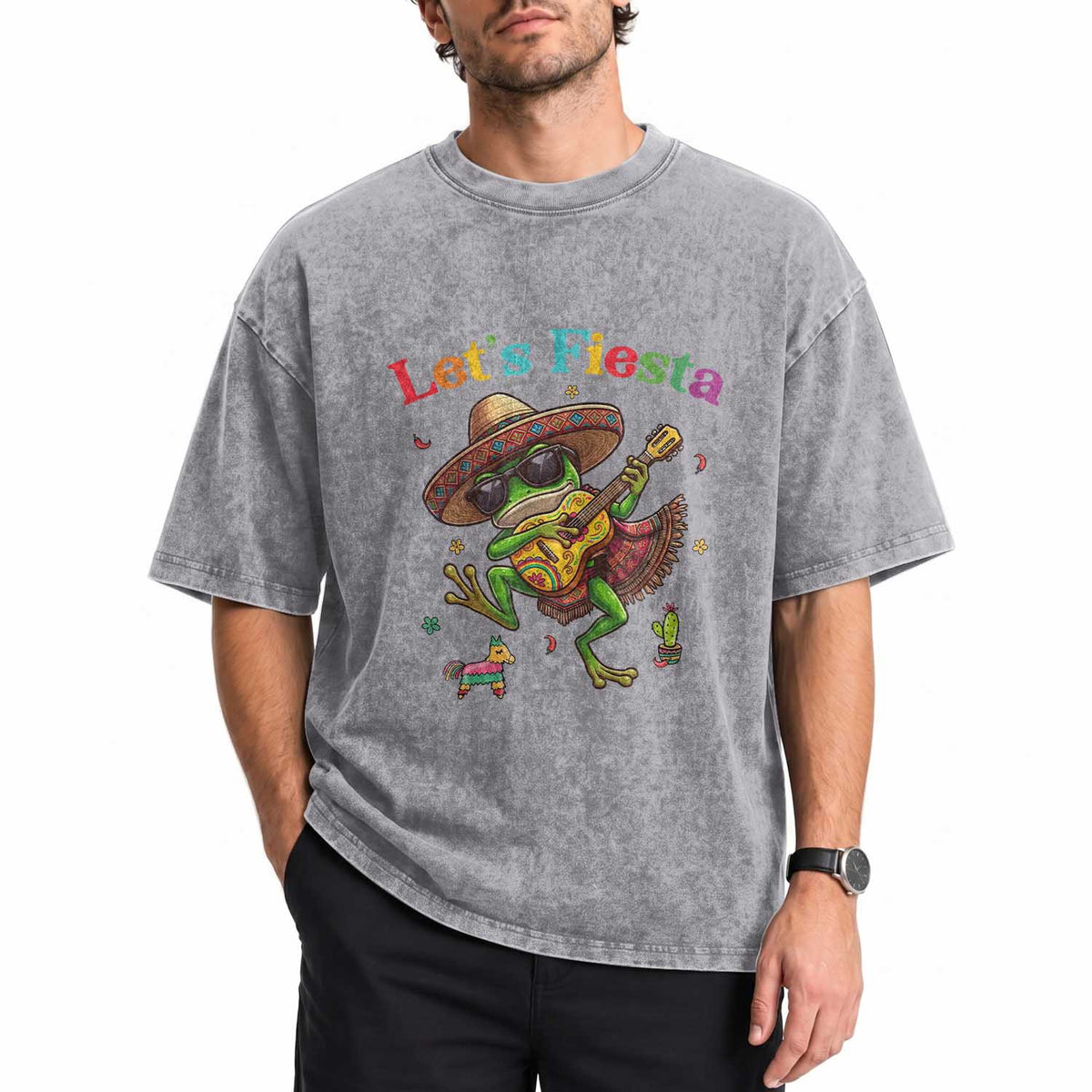 Funny Cinco De Mayo Frog Playing Guitar Washed Cotton T-Shirt Lets Fiesta