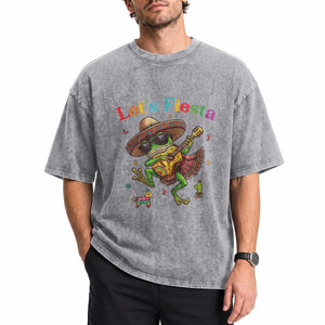 Funny Cinco De Mayo Frog Playing Guitar Washed Cotton T-Shirt Lets Fiesta