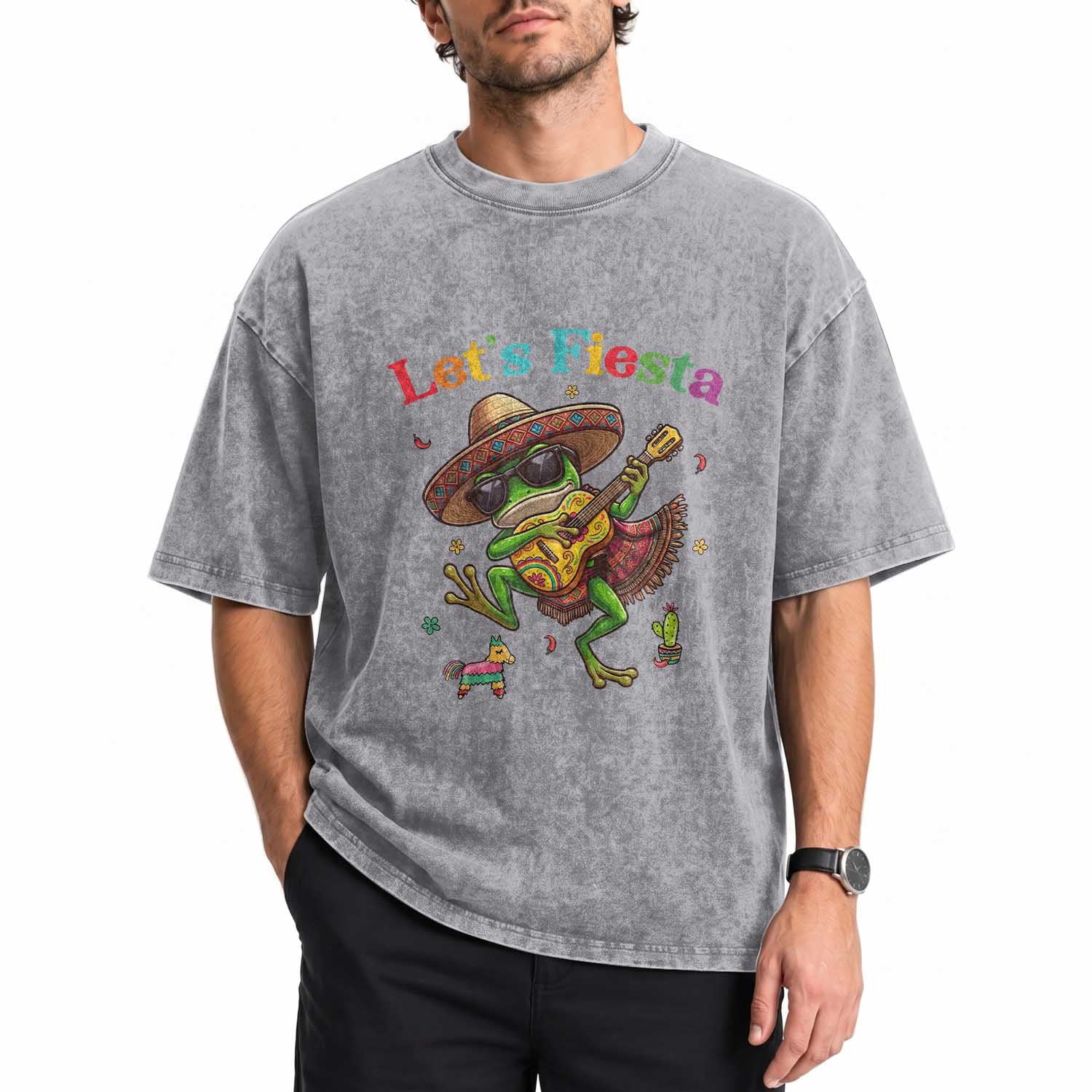 Funny Cinco De Mayo Frog Playing Guitar Washed Cotton T-Shirt Lets Fiesta