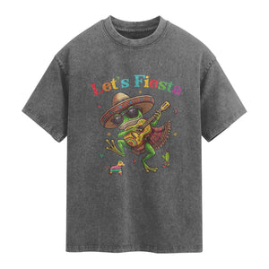 Funny Cinco De Mayo Frog Playing Guitar Washed Cotton T-Shirt Lets Fiesta
