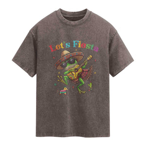 Funny Cinco De Mayo Frog Playing Guitar Washed Cotton T-Shirt Lets Fiesta