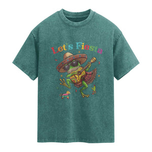 Funny Cinco De Mayo Frog Playing Guitar Washed Cotton T-Shirt Lets Fiesta