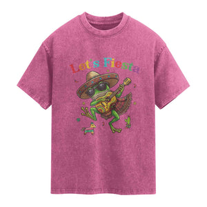 Funny Cinco De Mayo Frog Playing Guitar Washed Cotton T-Shirt Lets Fiesta