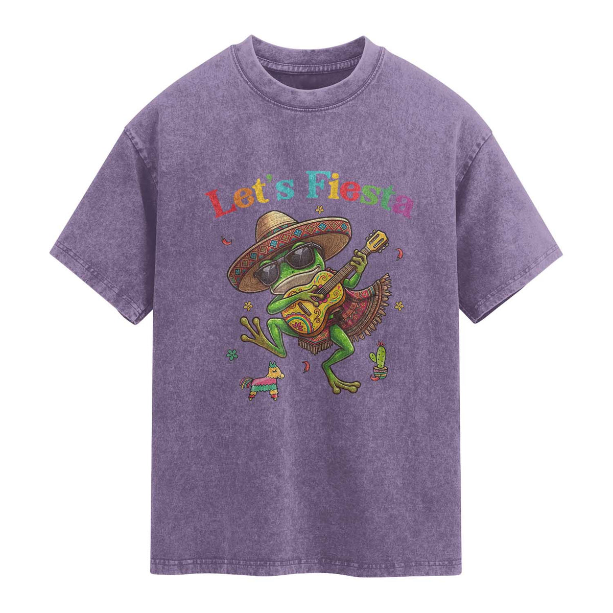 Funny Cinco De Mayo Frog Playing Guitar Washed Cotton T-Shirt Lets Fiesta