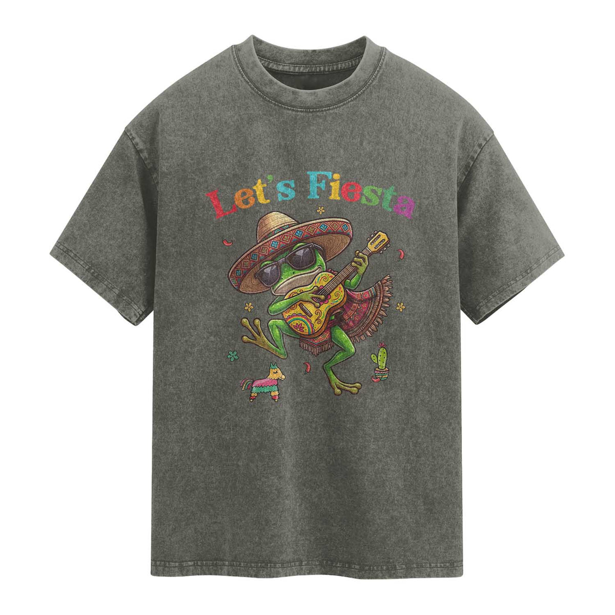 Funny Cinco De Mayo Frog Playing Guitar Washed Cotton T-Shirt Lets Fiesta