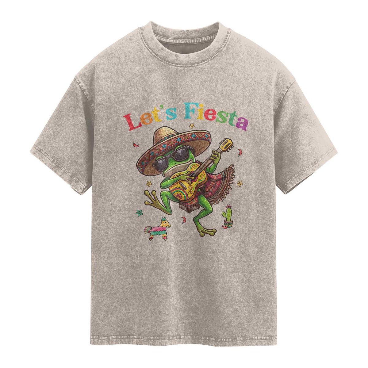 Funny Cinco De Mayo Frog Playing Guitar Washed Cotton T-Shirt Lets Fiesta
