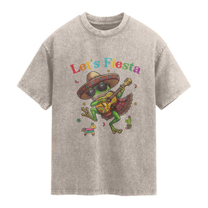 Funny Cinco De Mayo Frog Playing Guitar Washed Cotton T-Shirt Lets Fiesta