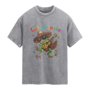 Funny Cinco De Mayo Frog Playing Guitar Washed Cotton T-Shirt Lets Fiesta