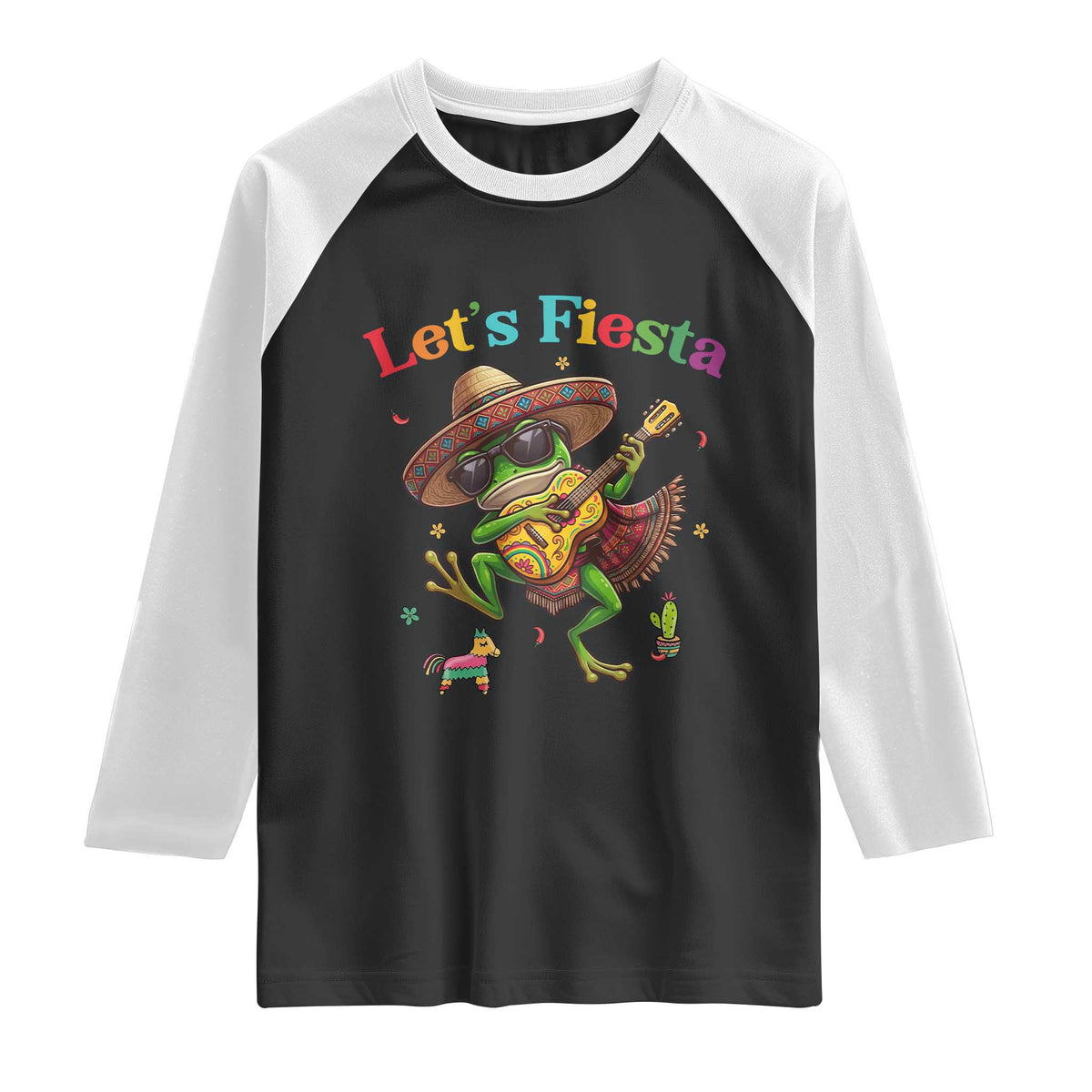 Funny Cinco De Mayo Frog Playing Guitar Raglan Shirt Lets Fiesta TS12 Black White Print Your Wear