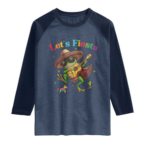 Funny Cinco De Mayo Frog Playing Guitar Raglan Shirt Lets Fiesta TS12 Heather Denim Navy Print Your Wear