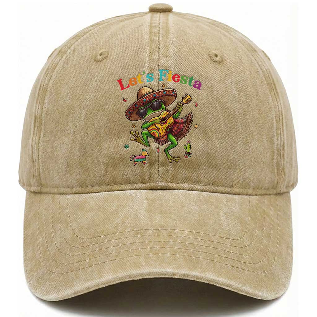 Funny Cinco De Mayo Frog Playing Guitar Washed Cotton Baseball Cap Lets Fiesta TS12 Print Your Wear
