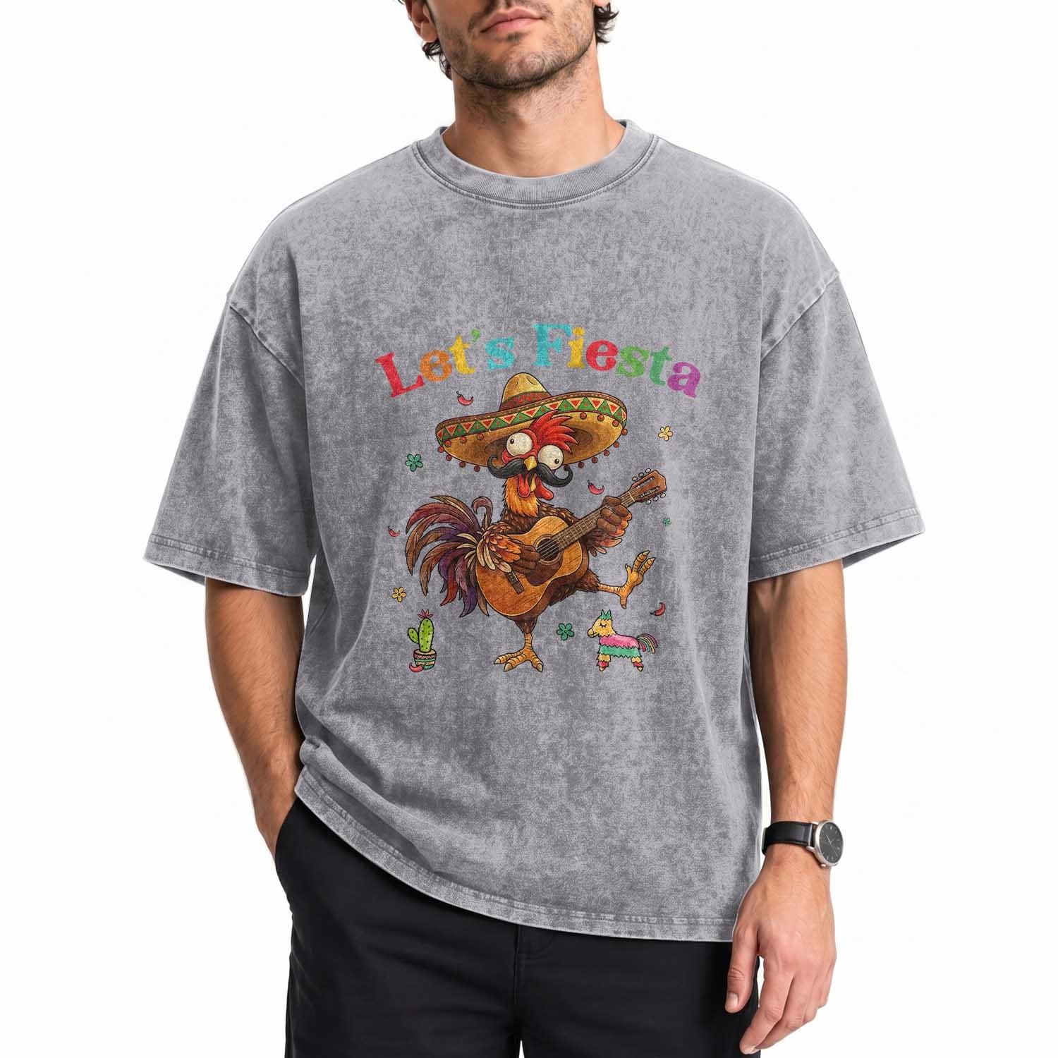 Lets Fiesta Cinco de May Washed Cotton T-Shirt Funny Chicken Playing Guitar