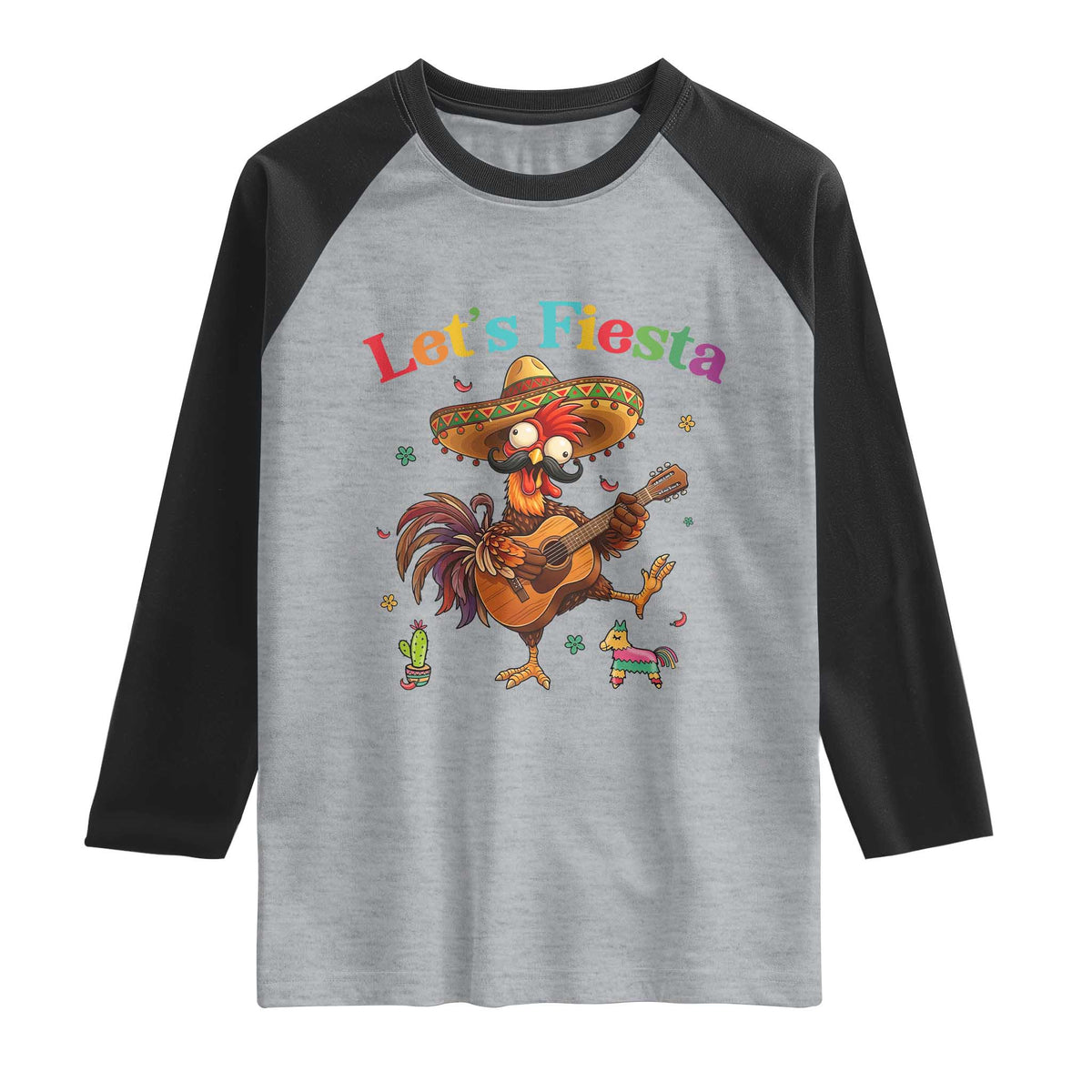 Lets Fiesta Cinco de May Raglan Shirt Funny Chicken Playing Guitar TS12 Heather Gray Black Print Your Wear
