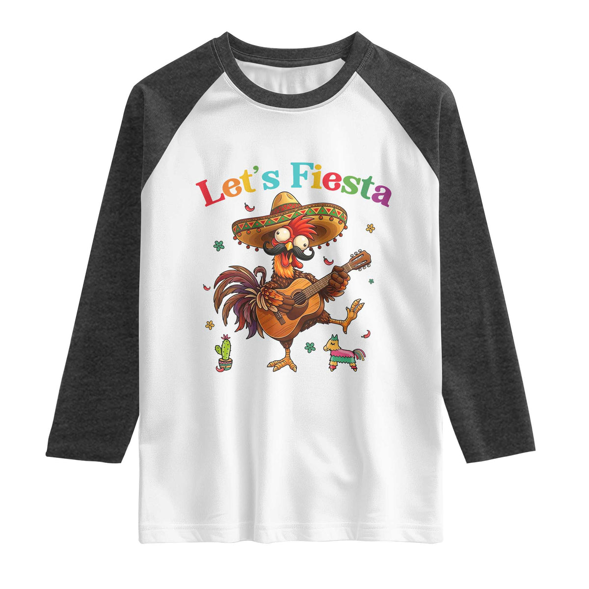 Lets Fiesta Cinco de May Raglan Shirt Funny Chicken Playing Guitar TS12 White Heather Charcoal Print Your Wear