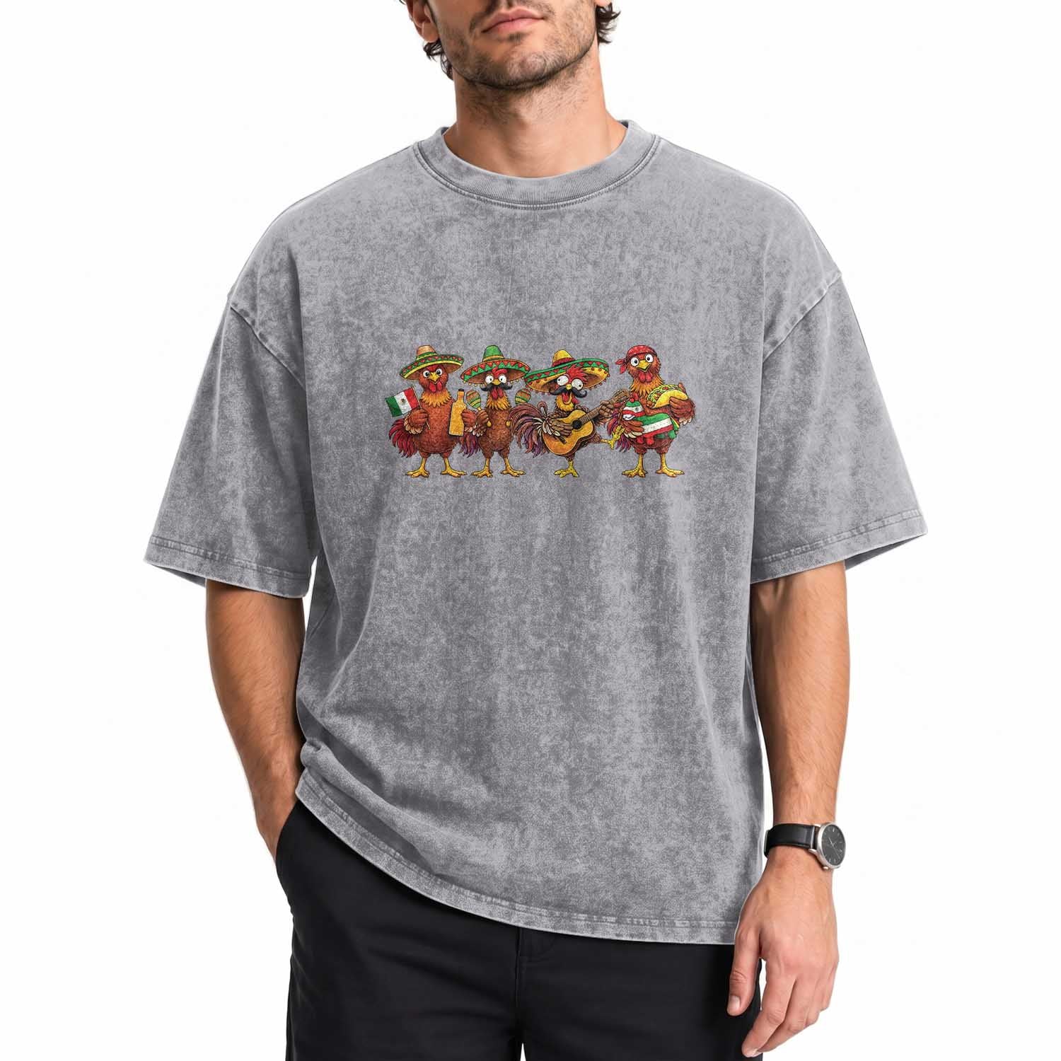 Funny Cinco De Mayo Chicken Squad Washed Cotton T-Shirt Mexican Party Celebration Gift