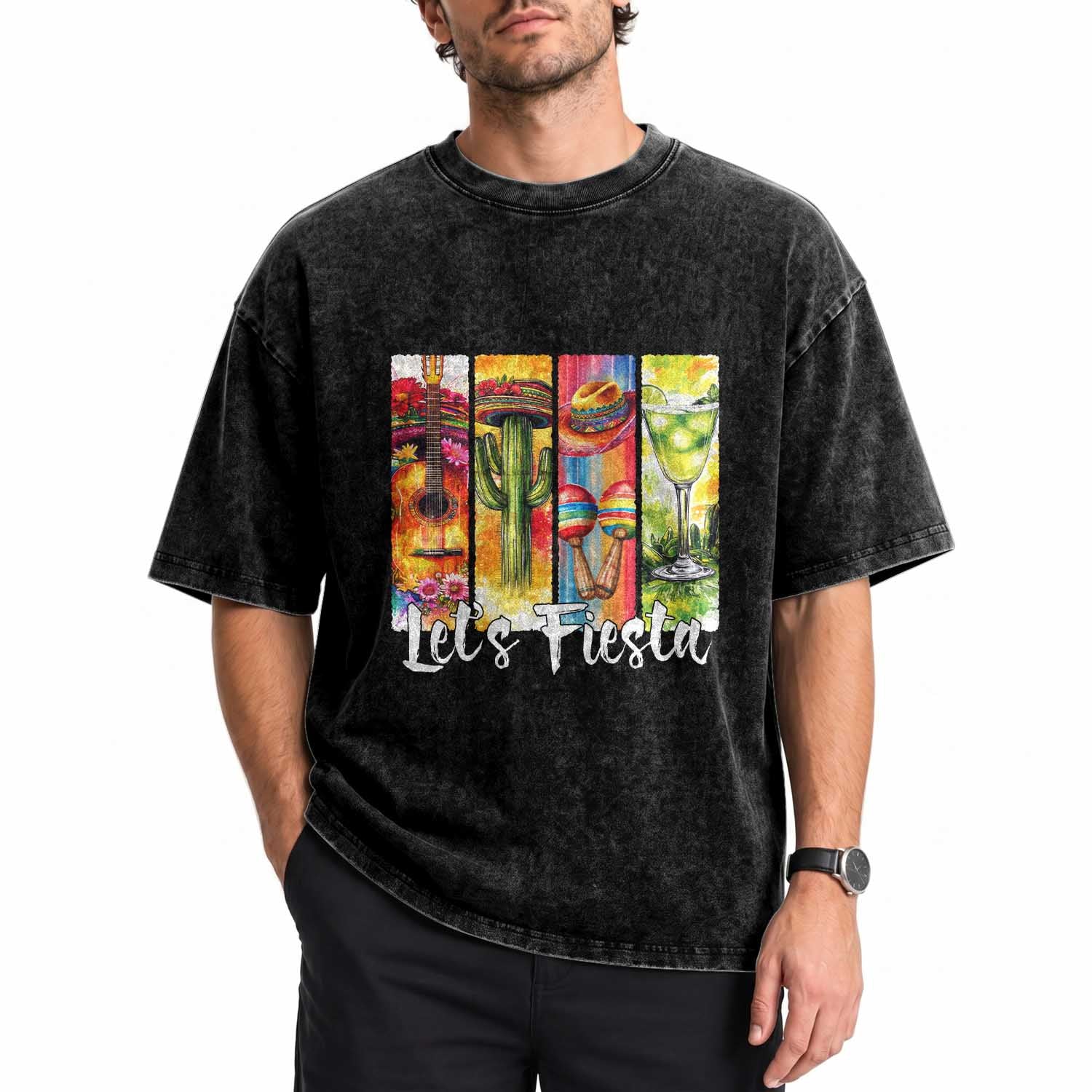 Lets Fiesta Washed Cotton T-Shirt Funny Cinco De Mayo Party Celebration