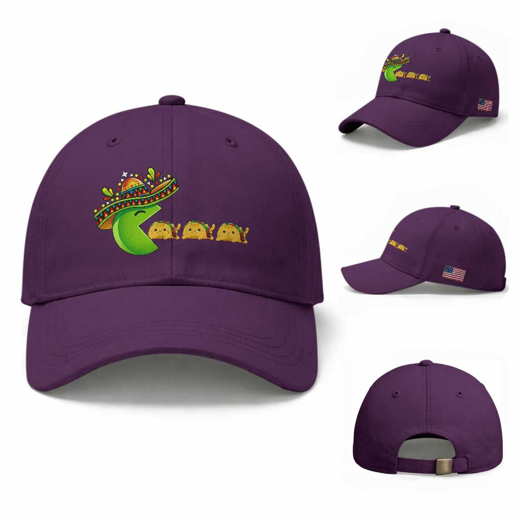 Cinco De Mayo Retro Game Baseball Cap Funny Sombrero Character Chasing Taco Cat TS12 Baseball Cap Universal Fit Purple Print Your Wear