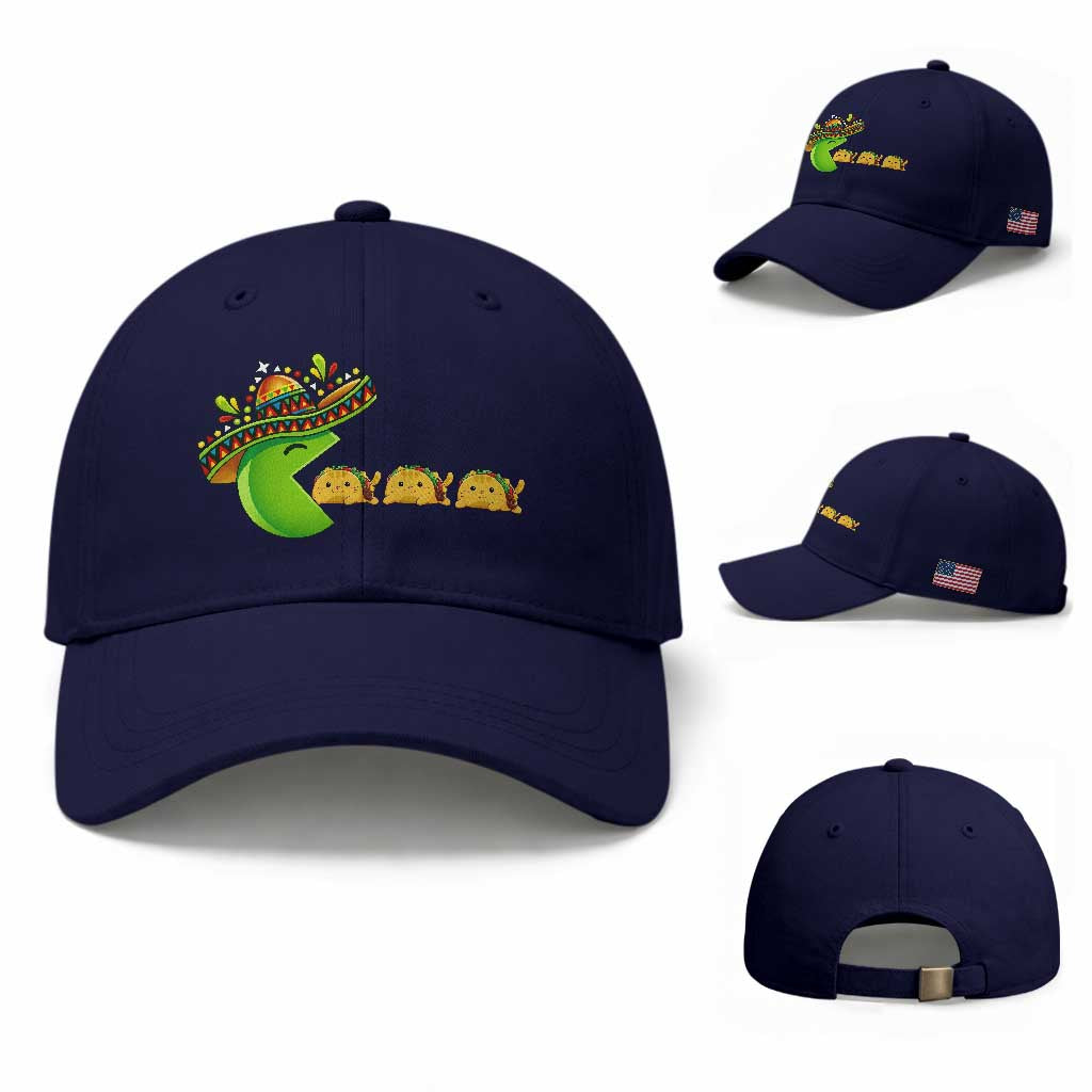 Cinco De Mayo Retro Game Baseball Cap Funny Sombrero Character Chasing Taco Cat TS12 Baseball Cap Universal Fit Dark Blue Print Your Wear