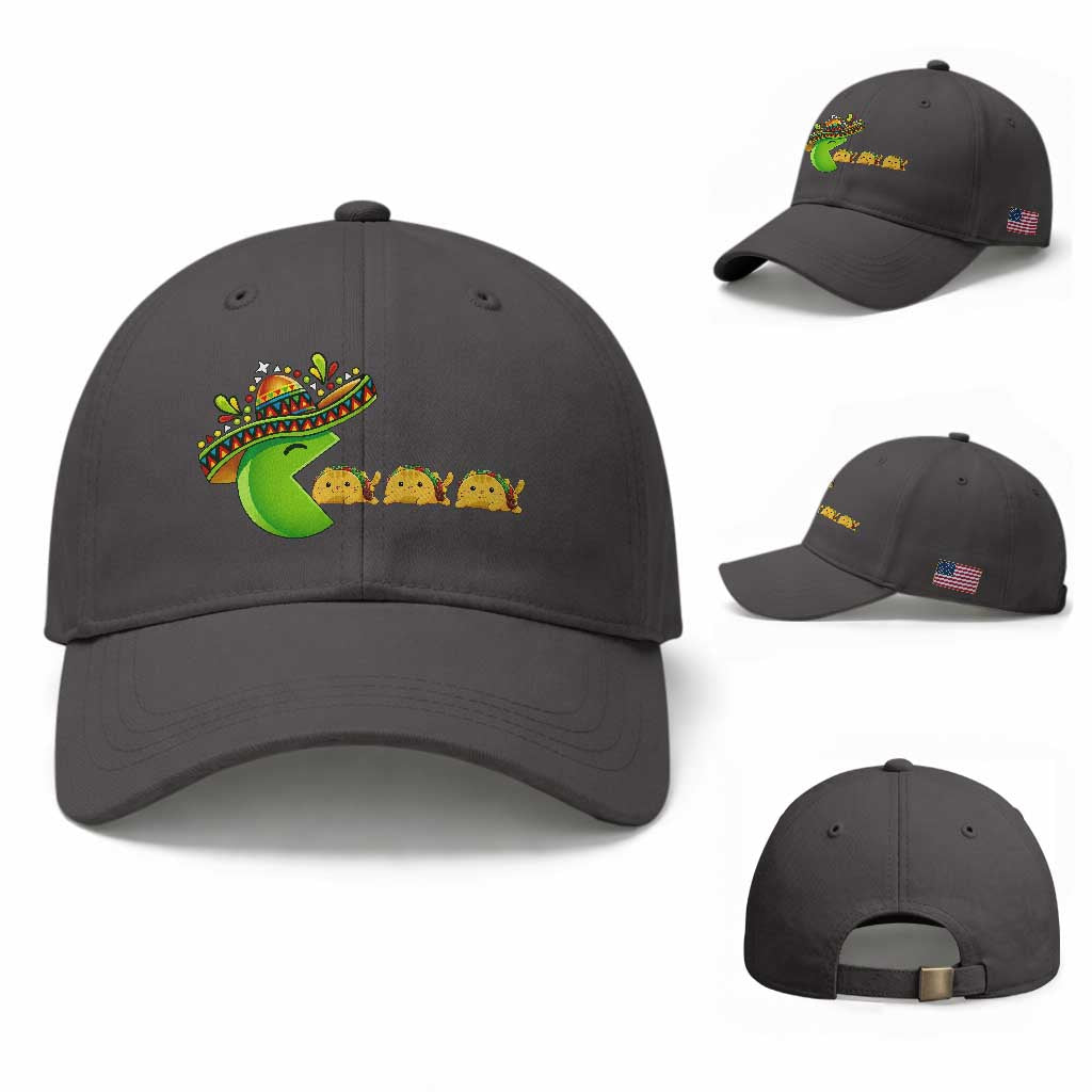 Cinco De Mayo Retro Game Baseball Cap Funny Sombrero Character Chasing Taco Cat TS12 Baseball Cap Universal Fit Dark Gray Print Your Wear