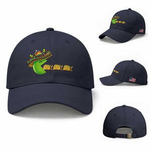 Cinco De Mayo Retro Game Baseball Cap Funny Sombrero Character Chasing Taco Cat TS12 Baseball Cap Universal Fit Navy Print Your Wear