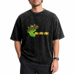 Cinco De Mayo Retro Game Washed Cotton T-Shirt Funny Sombrero Character Chasing Taco Cat