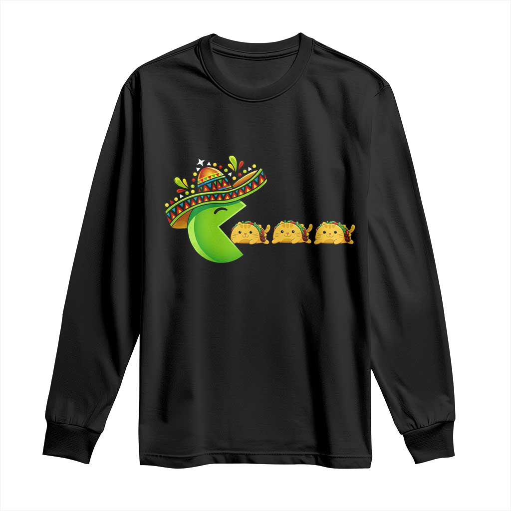 Cinco De Mayo Retro Game Long Sleeve Shirt Funny Sombrero Character Chasing Taco Cat TS12 Black Print Your Wear
