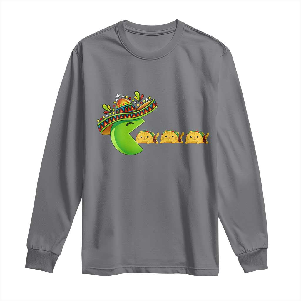 Cinco De Mayo Retro Game Long Sleeve Shirt Funny Sombrero Character Chasing Taco Cat TS12 Charcoal Print Your Wear