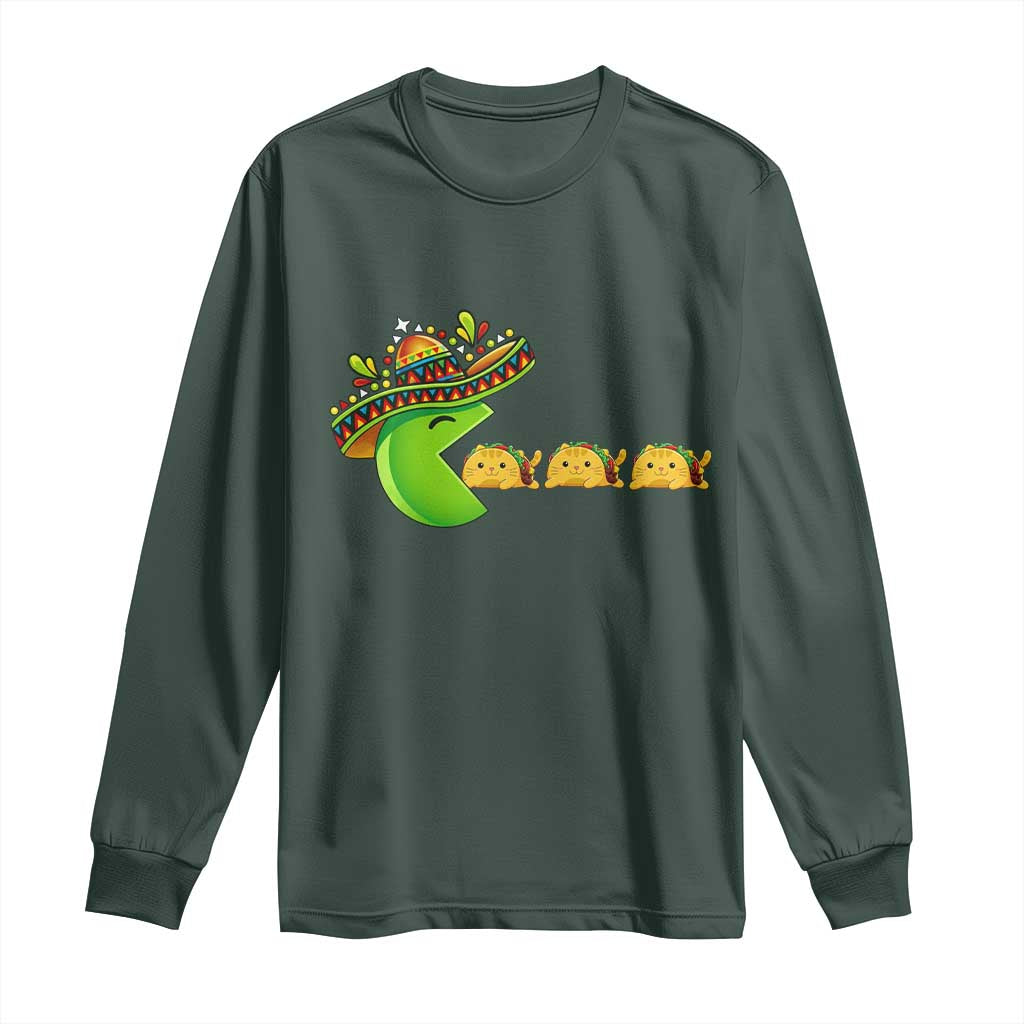 Cinco De Mayo Retro Game Long Sleeve Shirt Funny Sombrero Character Chasing Taco Cat TS12 Dark Forest Green Print Your Wear
