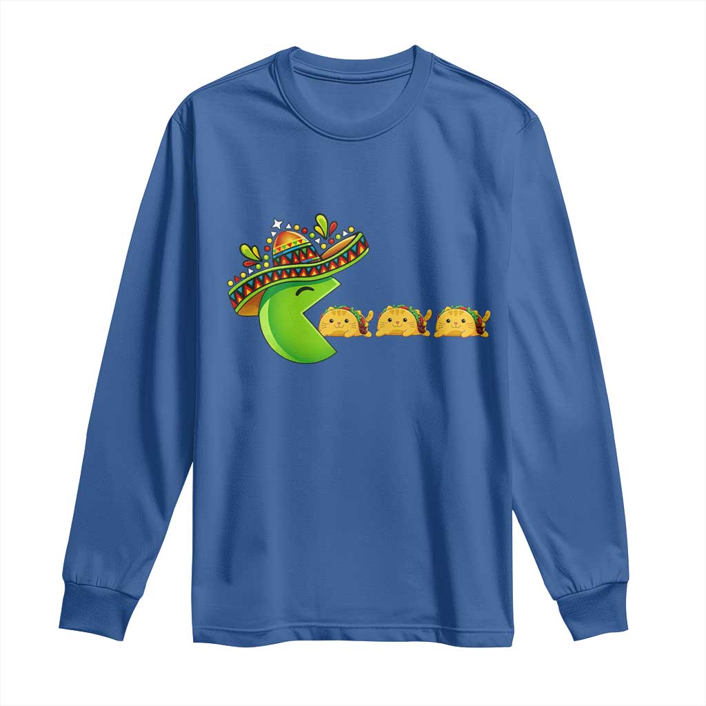 Cinco De Mayo Retro Game Long Sleeve Shirt Funny Sombrero Character Chasing Taco Cat TS12 Royal Blue Print Your Wear