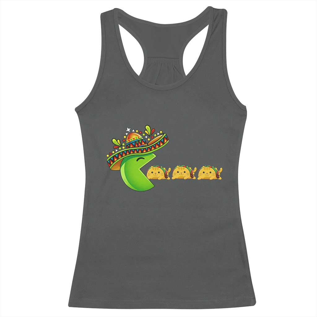 Cinco De Mayo Retro Game Racerback Tank Top Funny Sombrero Character Chasing Taco Cat TS12 Dark Heather Print Your Wear