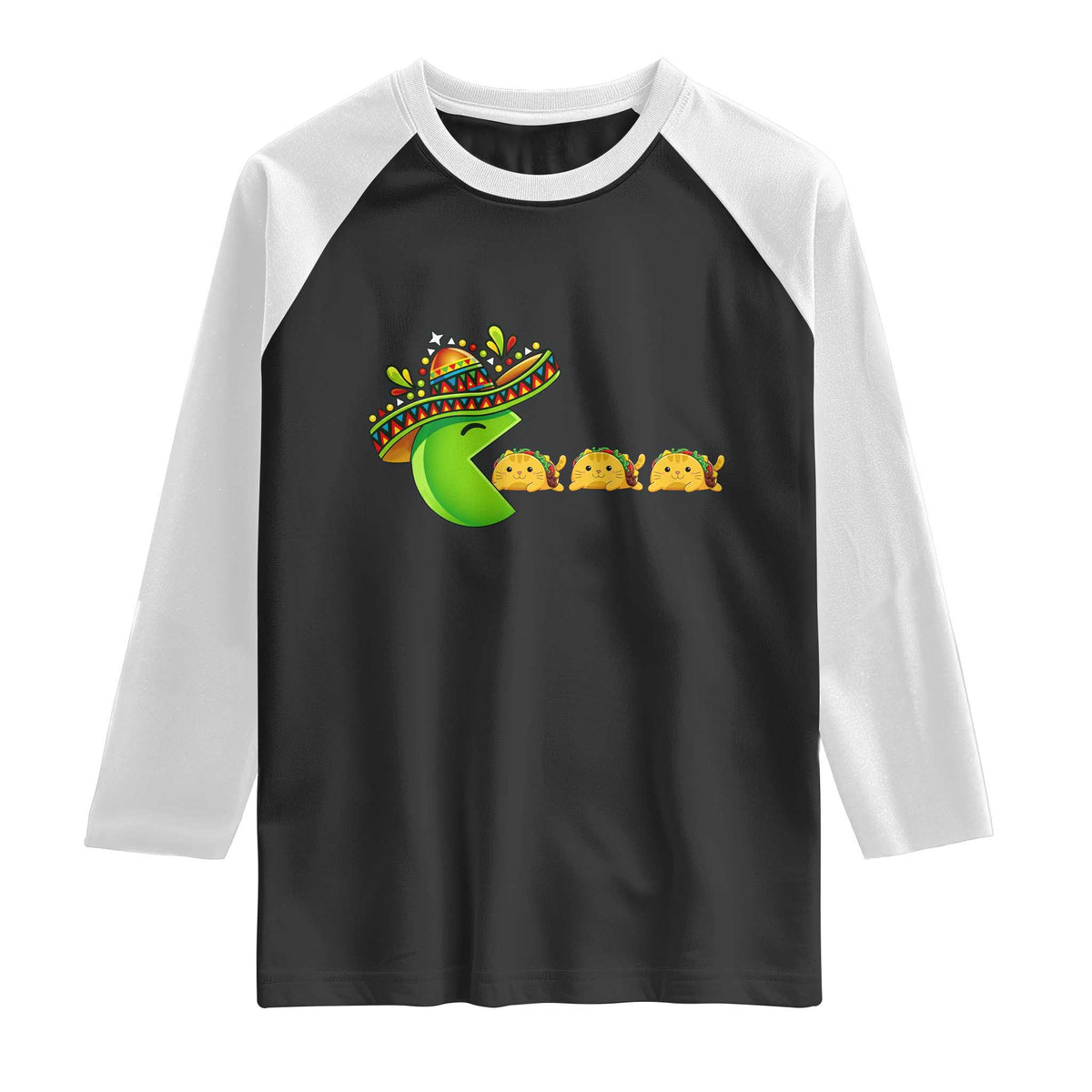 Cinco De Mayo Retro Game Raglan Shirt Funny Sombrero Character Chasing Taco Cat TS12 Black White Print Your Wear