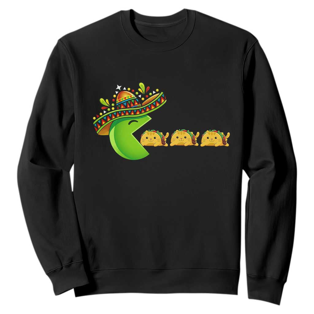 Cinco De Mayo Retro Game Sweatshirt Funny Sombrero Character Chasing Taco Cat TS12 Black Print Your Wear