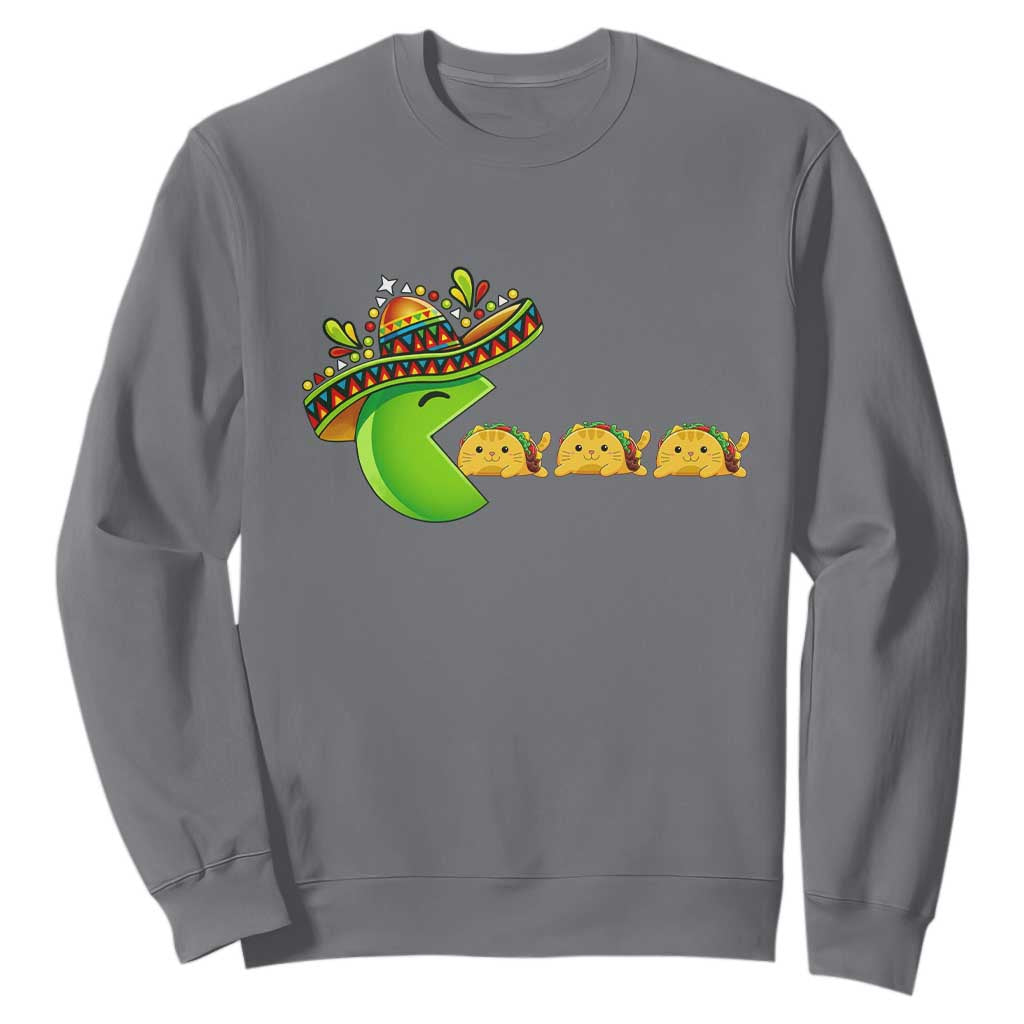 Cinco De Mayo Retro Game Sweatshirt Funny Sombrero Character Chasing Taco Cat TS12 Charcoal Print Your Wear