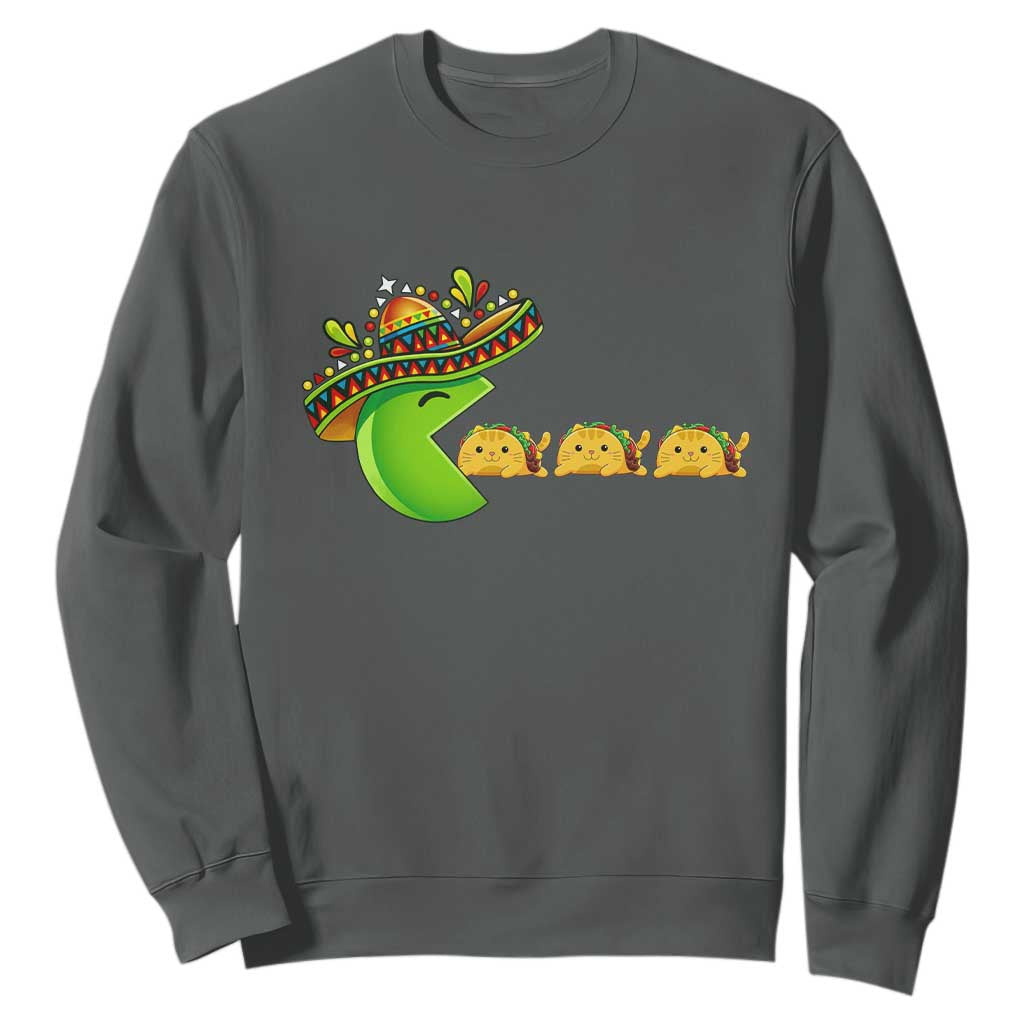 Cinco De Mayo Retro Game Sweatshirt Funny Sombrero Character Chasing Taco Cat TS12 Dark Heather Print Your Wear