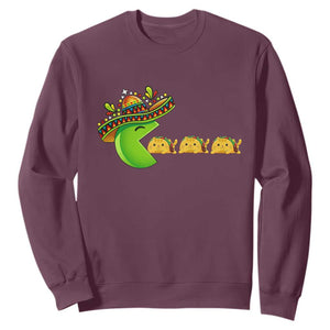 Cinco De Mayo Retro Game Sweatshirt Funny Sombrero Character Chasing Taco Cat TS12 Maroon Print Your Wear