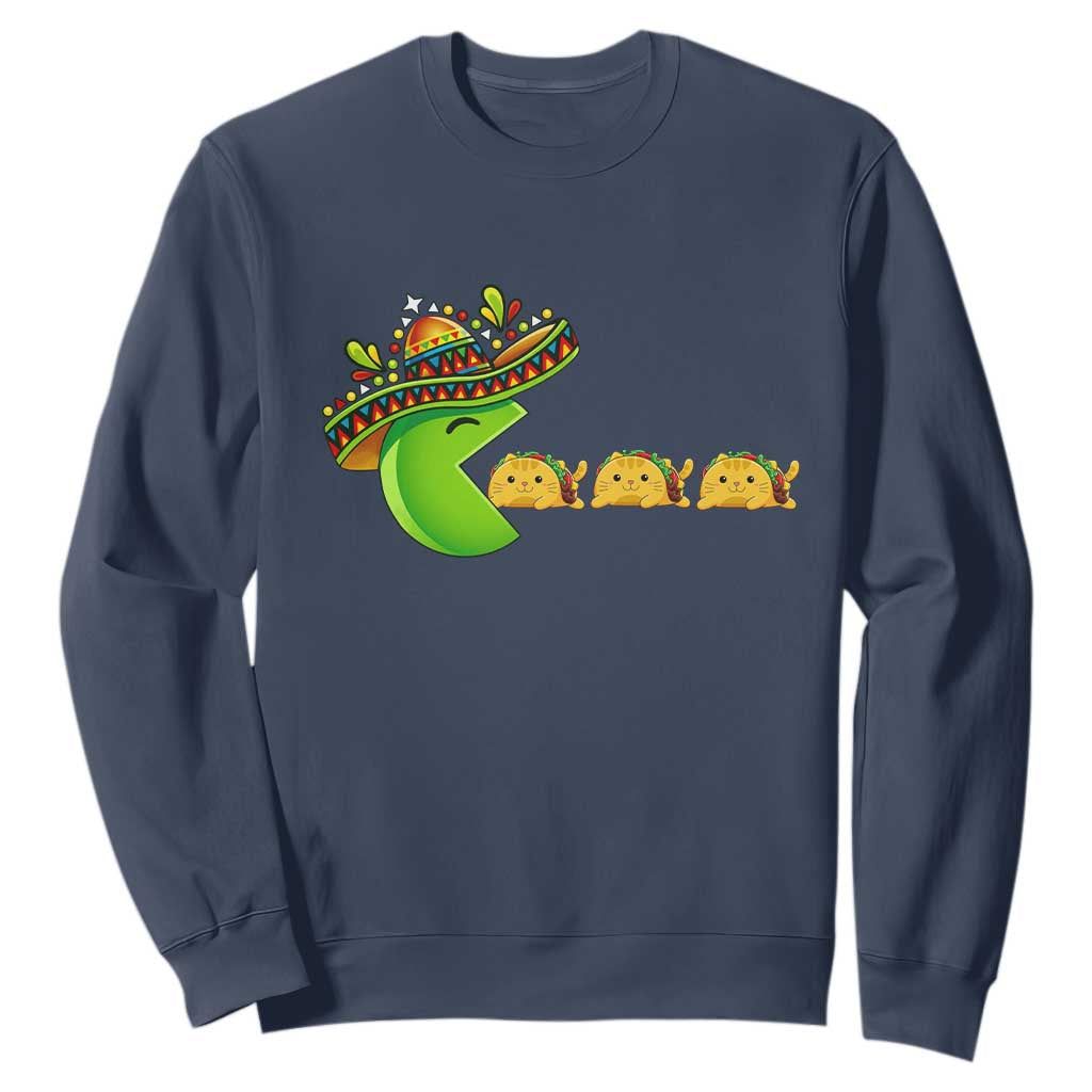 Cinco De Mayo Retro Game Sweatshirt Funny Sombrero Character Chasing Taco Cat TS12 Navy Print Your Wear