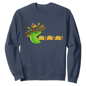 Cinco De Mayo Retro Game Sweatshirt Funny Sombrero Character Chasing Taco Cat TS12 Navy Print Your Wear