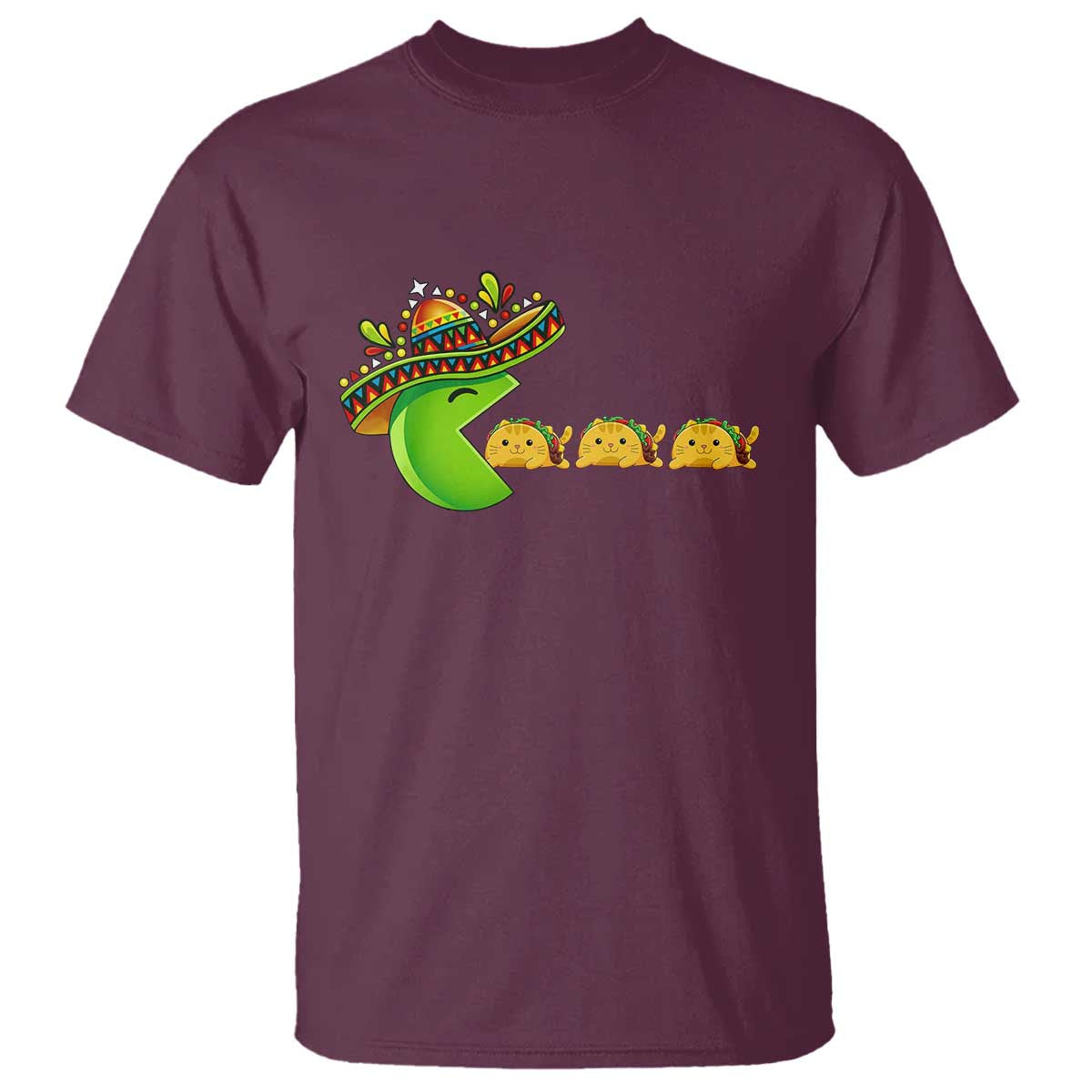 Cinco De Mayo Retro Game T Shirt Funny Sombrero Character Chasing Taco Cat TS12 Maroon Print Your Wear