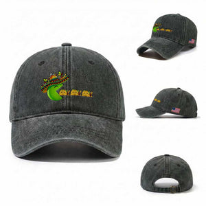 Cinco De Mayo Retro Game Washed Cotton Baseball Cap Funny Sombrero Character Chasing Taco Cat TS12 Washed Cap Universal Fit Dark Green Print Your Wear
