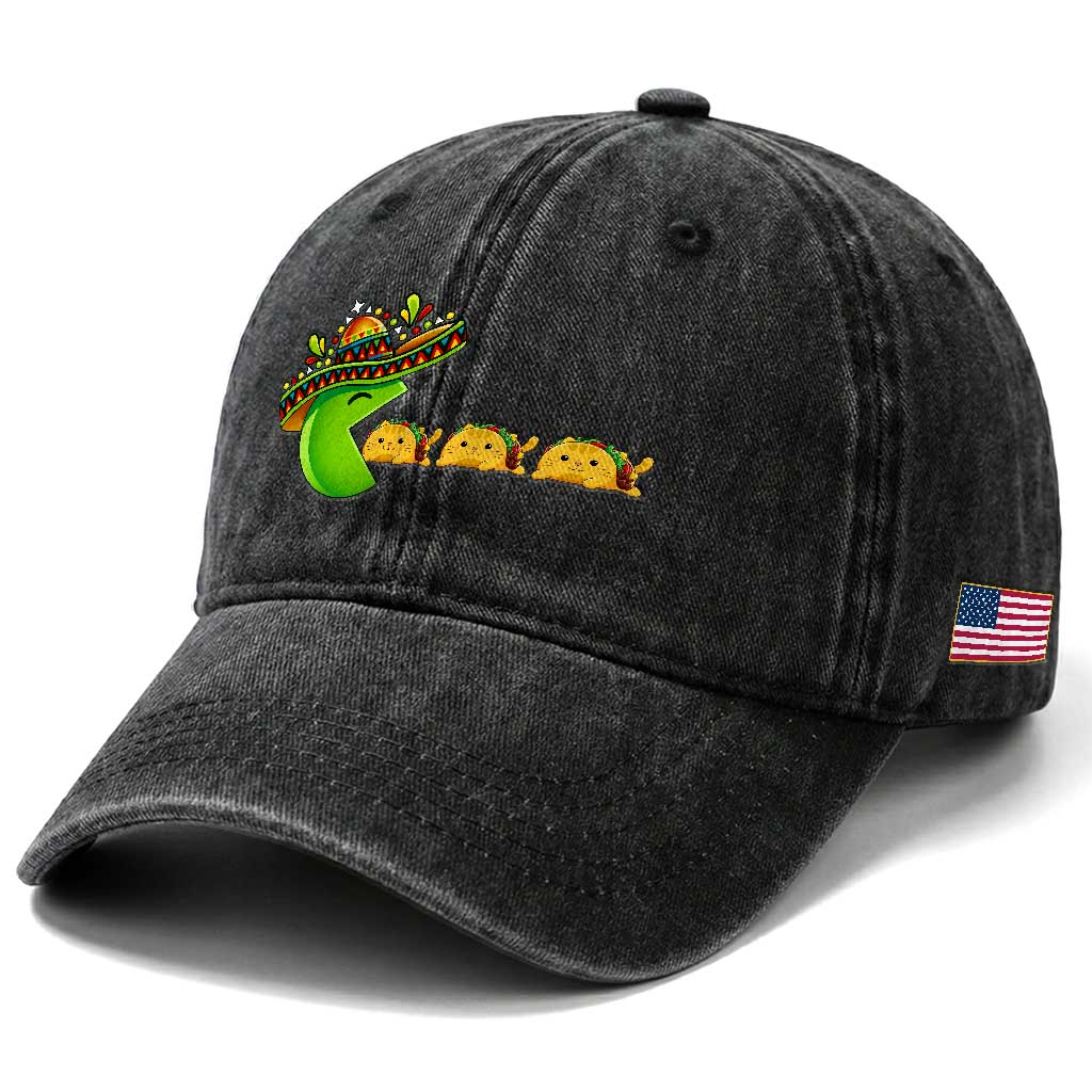 Cinco De Mayo Retro Game Washed Cotton Baseball Cap Funny Sombrero Character Chasing Taco Cat TS12 Print Your Wear