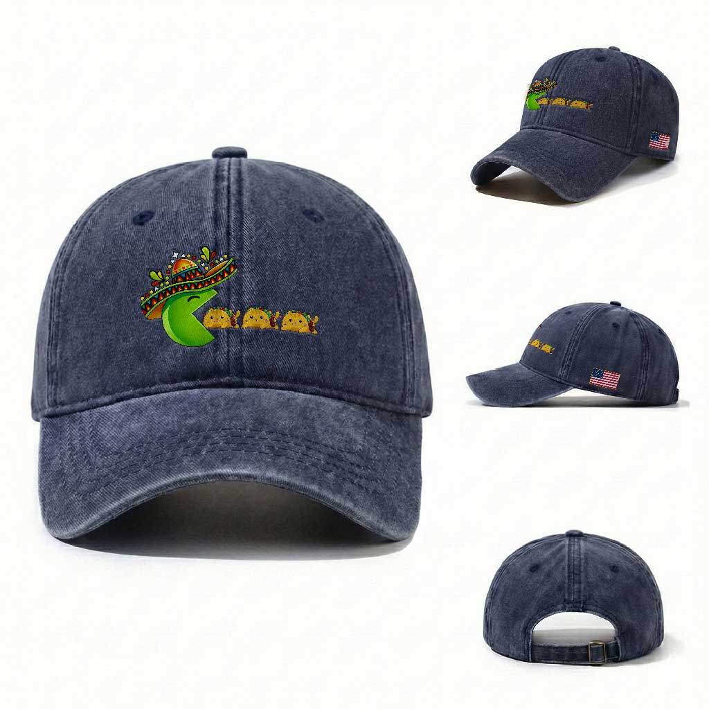 Cinco De Mayo Retro Game Washed Cotton Baseball Cap Funny Sombrero Character Chasing Taco Cat TS12 Washed Cap Universal Fit Navy Print Your Wear