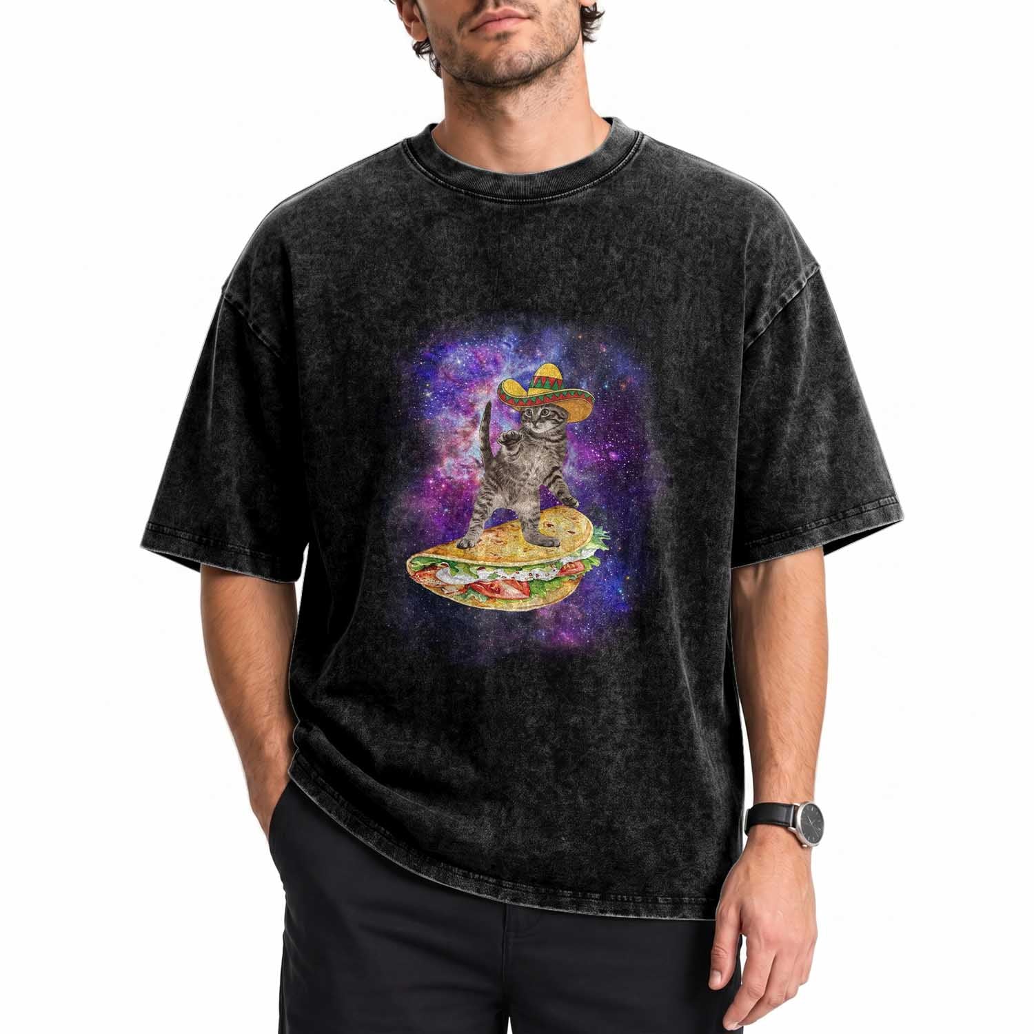Funny Cinco De Mayo Cat Washed Cotton T-Shirt Astronaut Kitten Flying A Taco