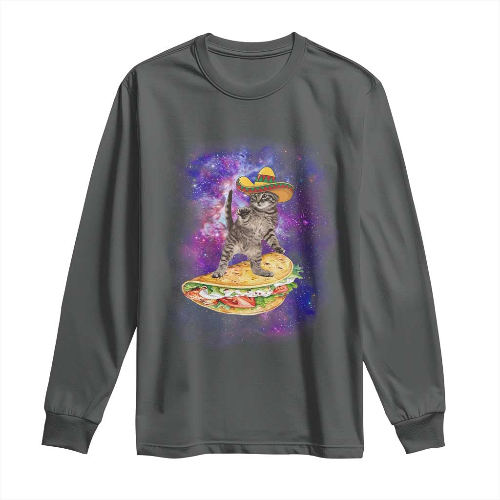 Funny Cinco De Mayo Cat Long Sleeve Shirt Astronaut Kitten Flying A Taco TS12 Dark Heather Print Your Wear