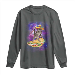 Funny Cinco De Mayo Cat Long Sleeve Shirt Astronaut Kitten Flying A Taco TS12 Dark Heather Print Your Wear
