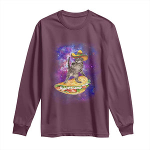 Funny Cinco De Mayo Cat Long Sleeve Shirt Astronaut Kitten Flying A Taco TS12 Maroon Print Your Wear