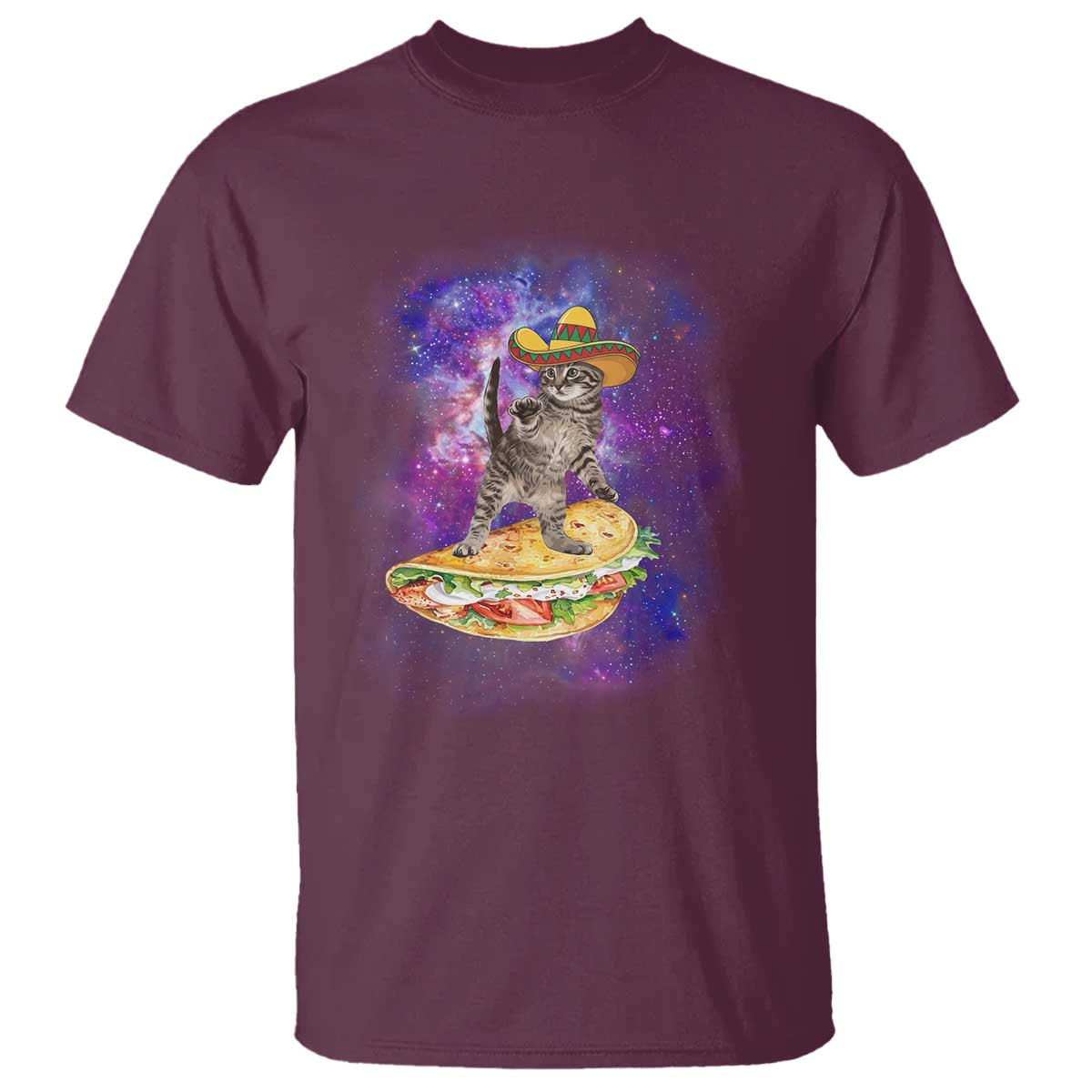 Funny Cinco De Mayo Cat T Shirt Astronaut Kitten Flying A Taco TS12 Maroon Print Your Wear