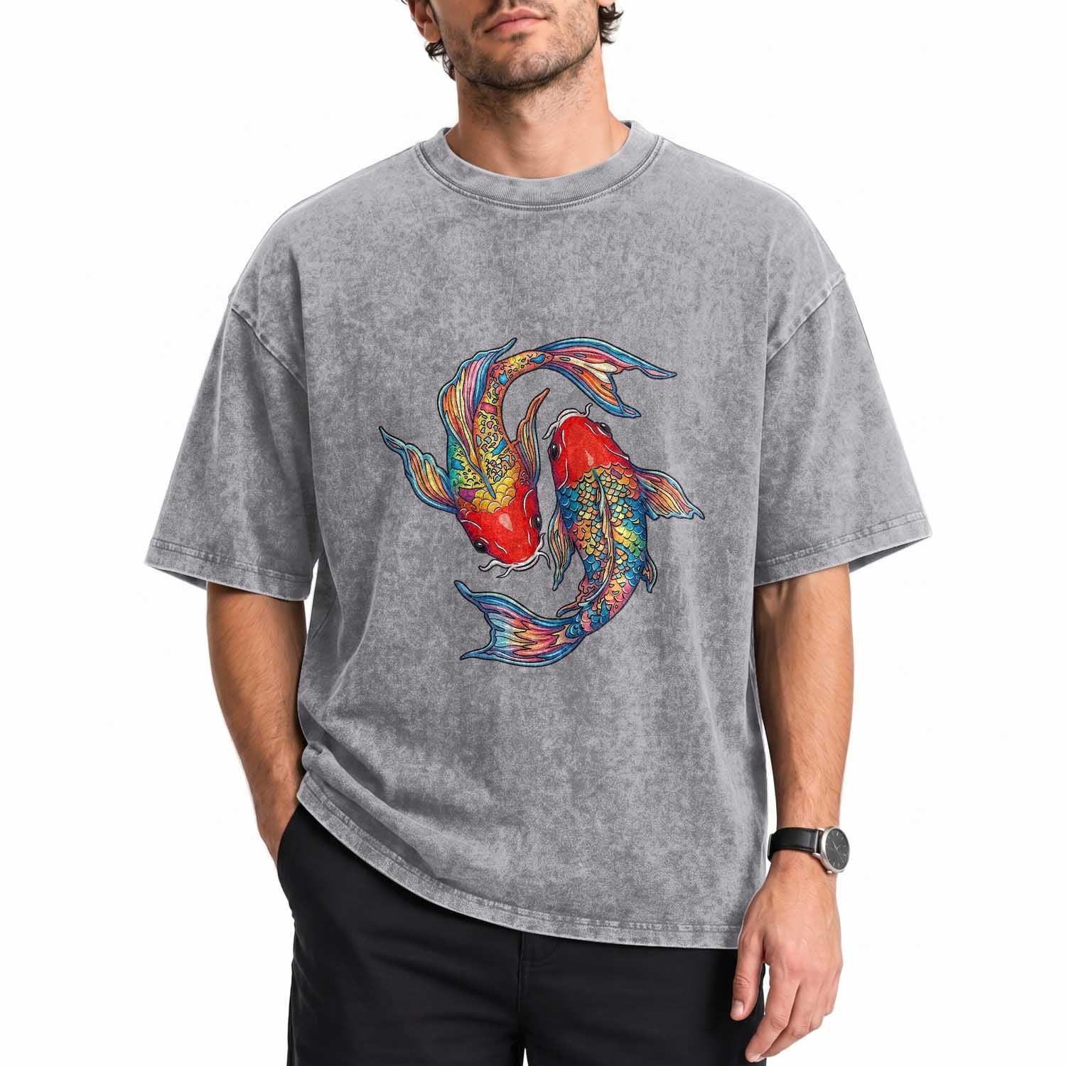 Rainbow Koi Fish LGBTQ Pride Washed Cotton T-Shirt Colorful Japanese Carp